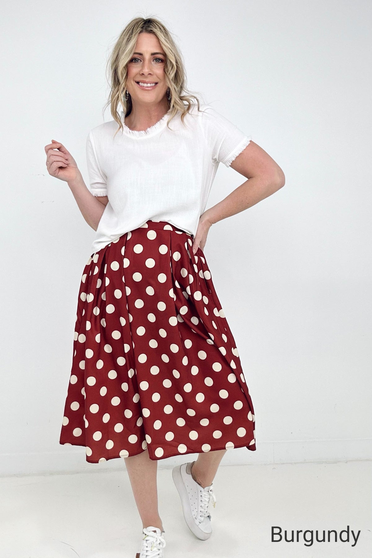 Jade By Jane Polka Dot Pleated Midi Skirt