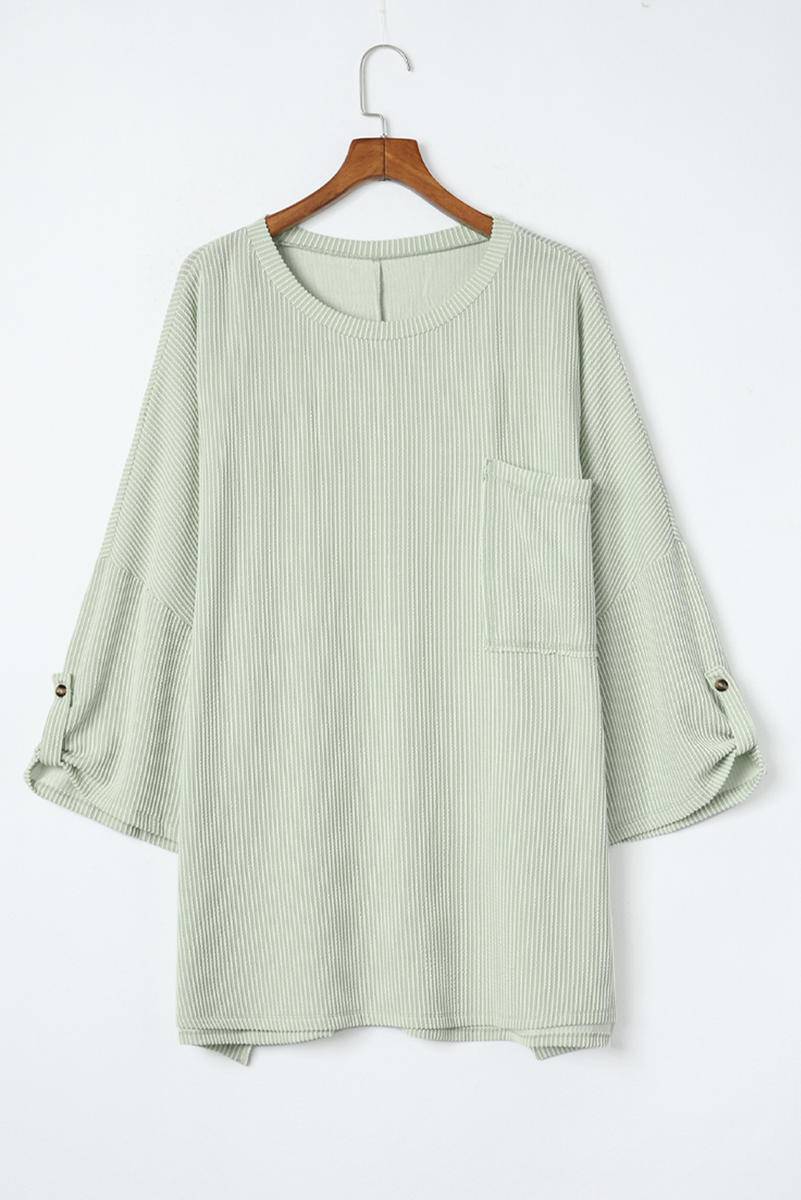 Corded Knit Roll-Tab Sleeve Oversize Top