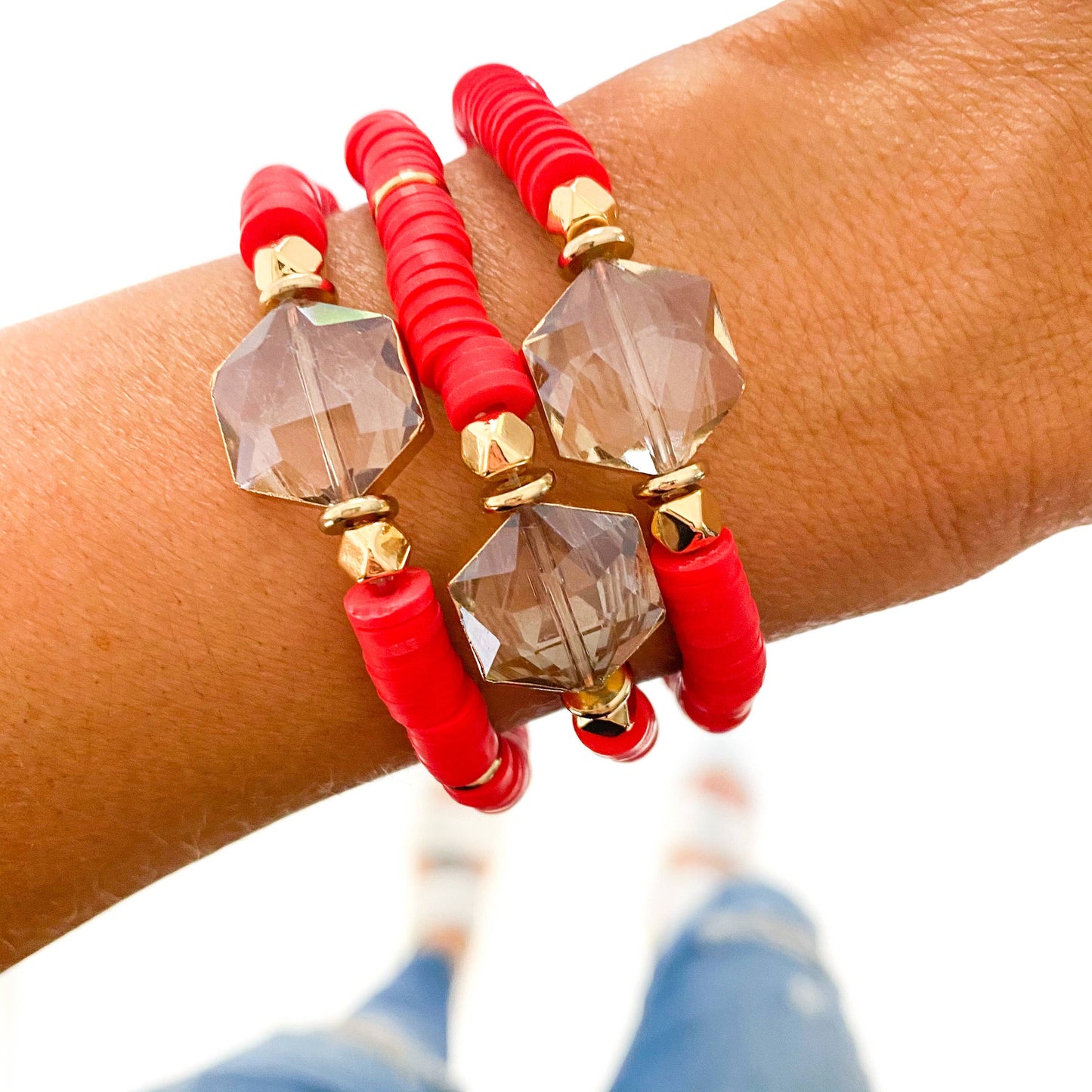 Savvy Bling - Bright Red Crystal Glass Stone Heishi Bracelet