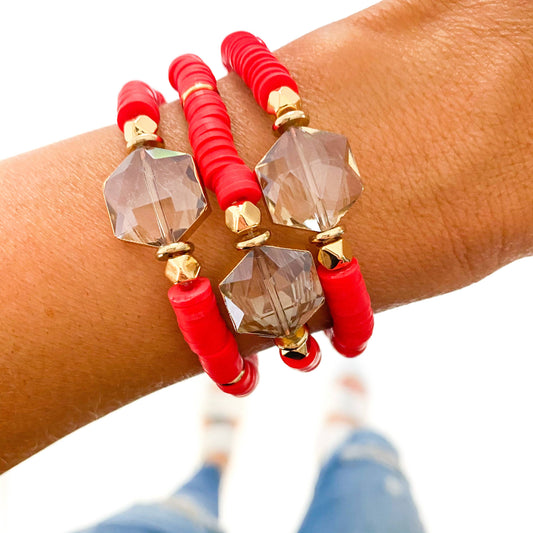 Savvy Bling - Bright Red Crystal Glass Stone Heishi Bracelet