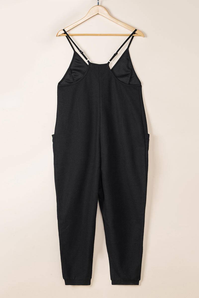 Textured Black Sleeveless V-Neck Pocketed Jumpsuit