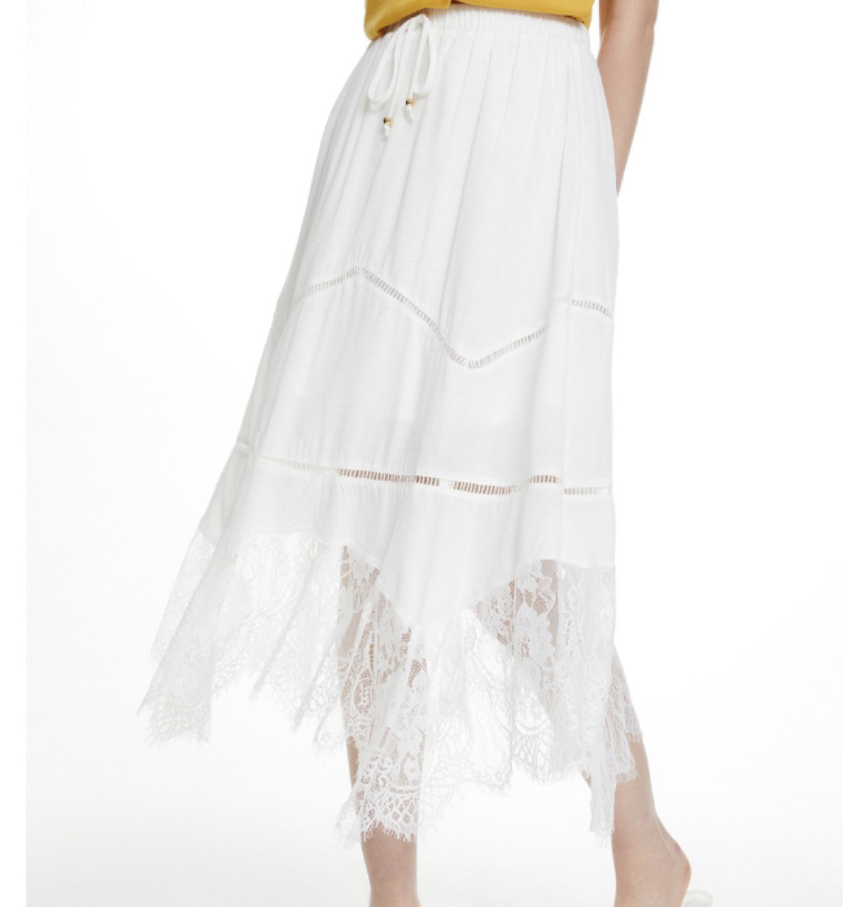 White Lace Asymmetrical Hem Maxi Skirt