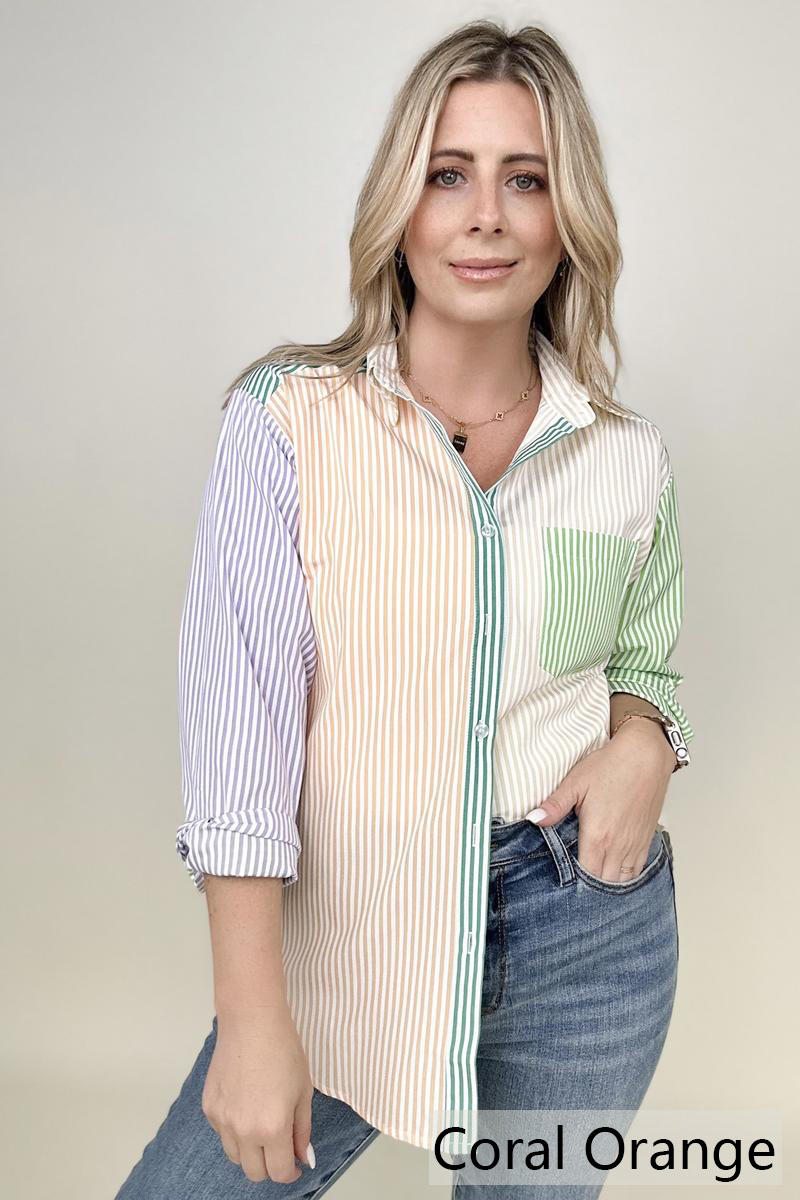 Davi & Dani Multicolor Mixed Stripe Button Front Top