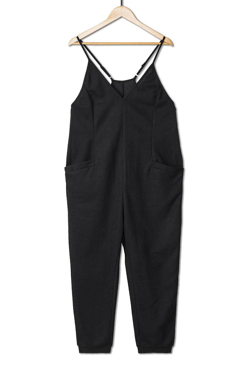 Textured Black Sleeveless V-Neck Pocketed Jumpsuit