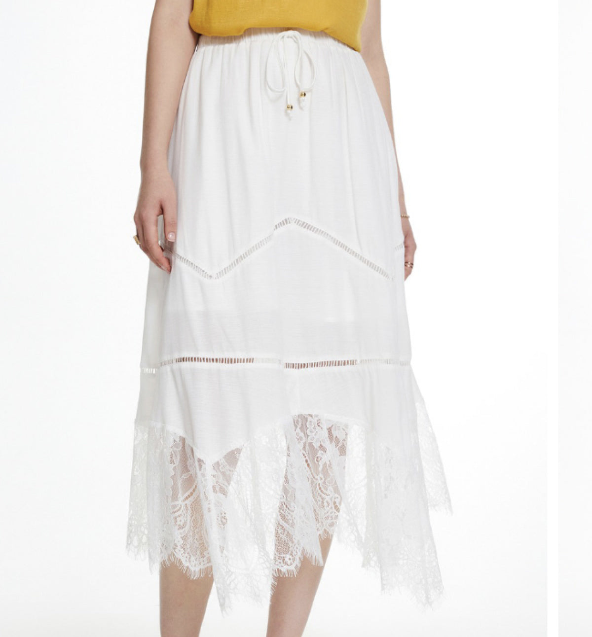 White Lace Asymmetrical Hem Maxi Skirt