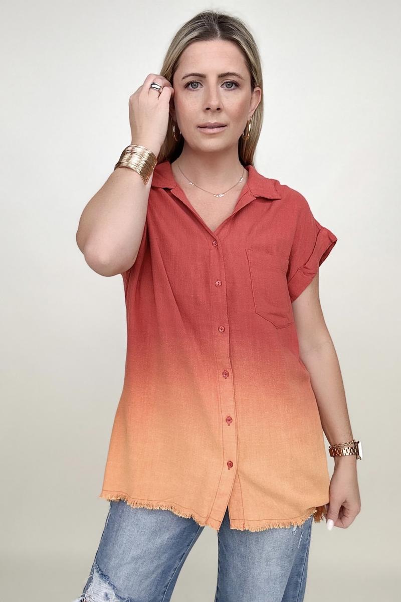 Umgee Linen Blend Bleach Dip Dye Button Down Top