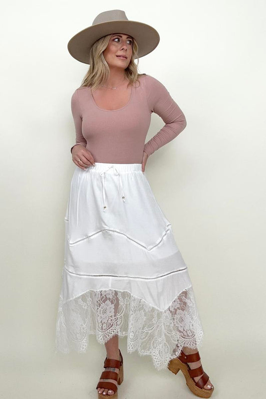 White Lace Asymmetrical Hem Maxi Skirt