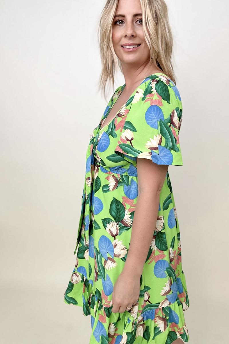 Gigio Tropical Print Flutter Sleeve Mini Dress