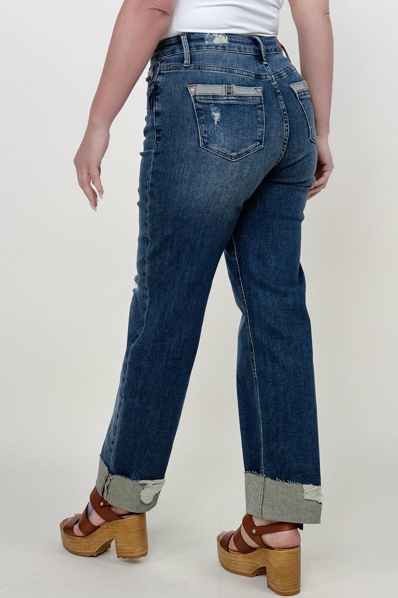 Judy Blue Mid-Rise Destroy & Single Cuff Dad Jean Straight Jeans