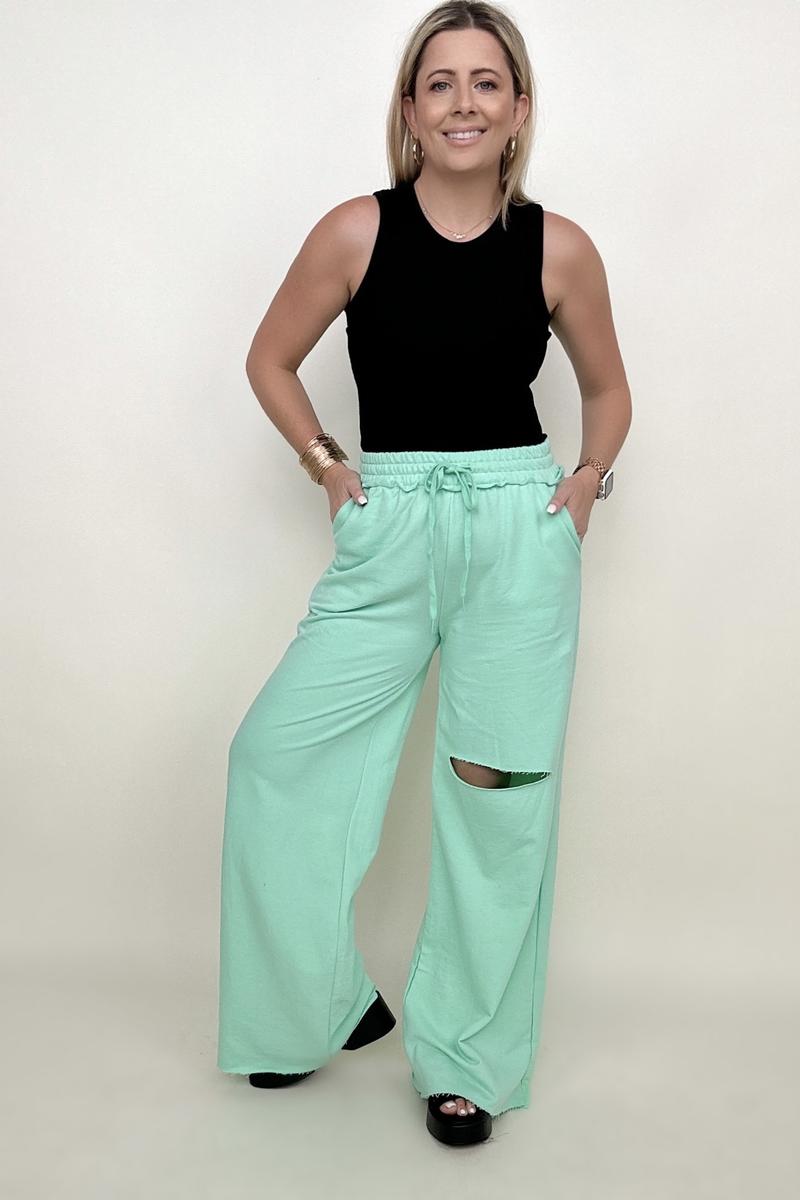 Zenana Distressed Knee French Terry Sweats With Pockets - New Colors