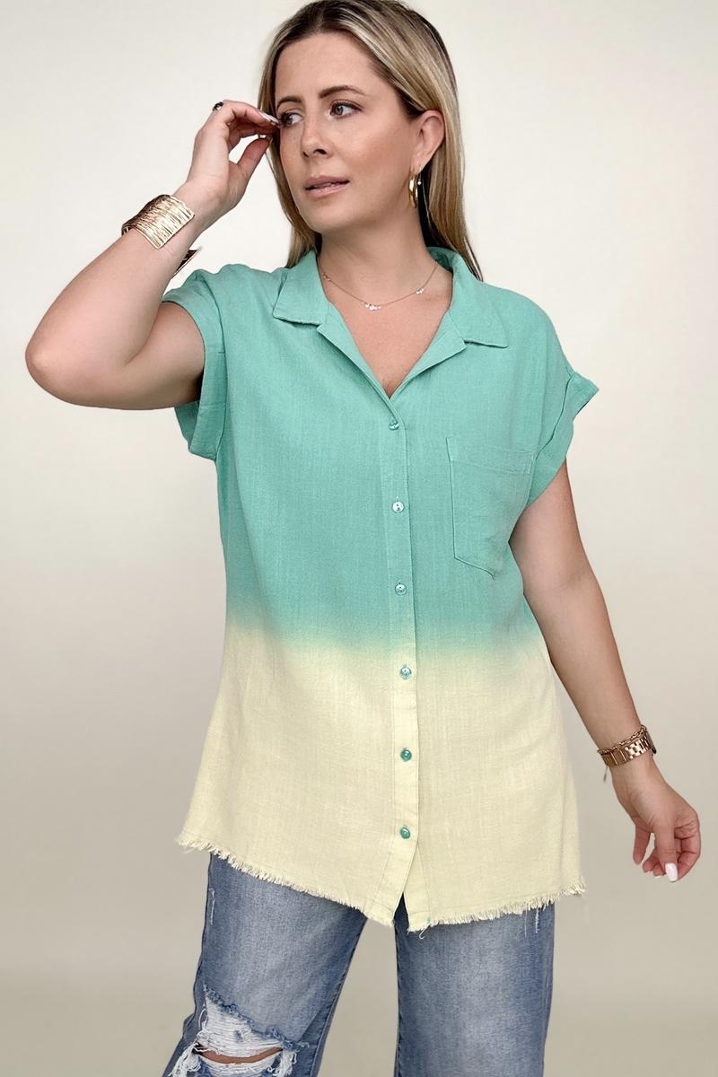 Umgee Linen Blend Bleach Dip Dye Button Down Top