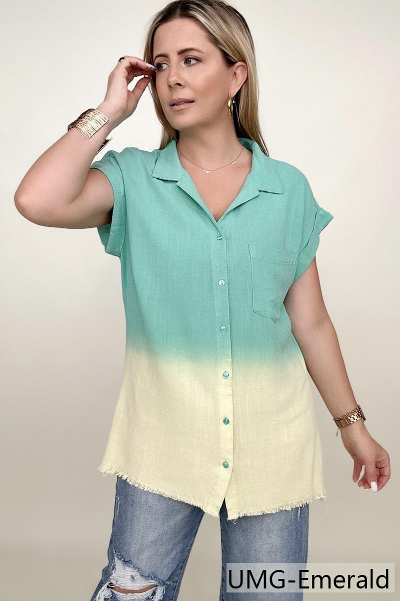Umgee Linen Blend Bleach Dip Dye Button Down Top