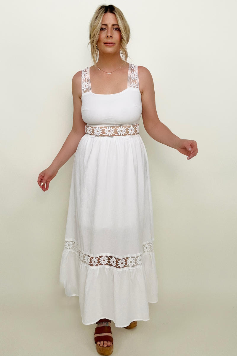 White Floral Openwork Strap Maxi Dress