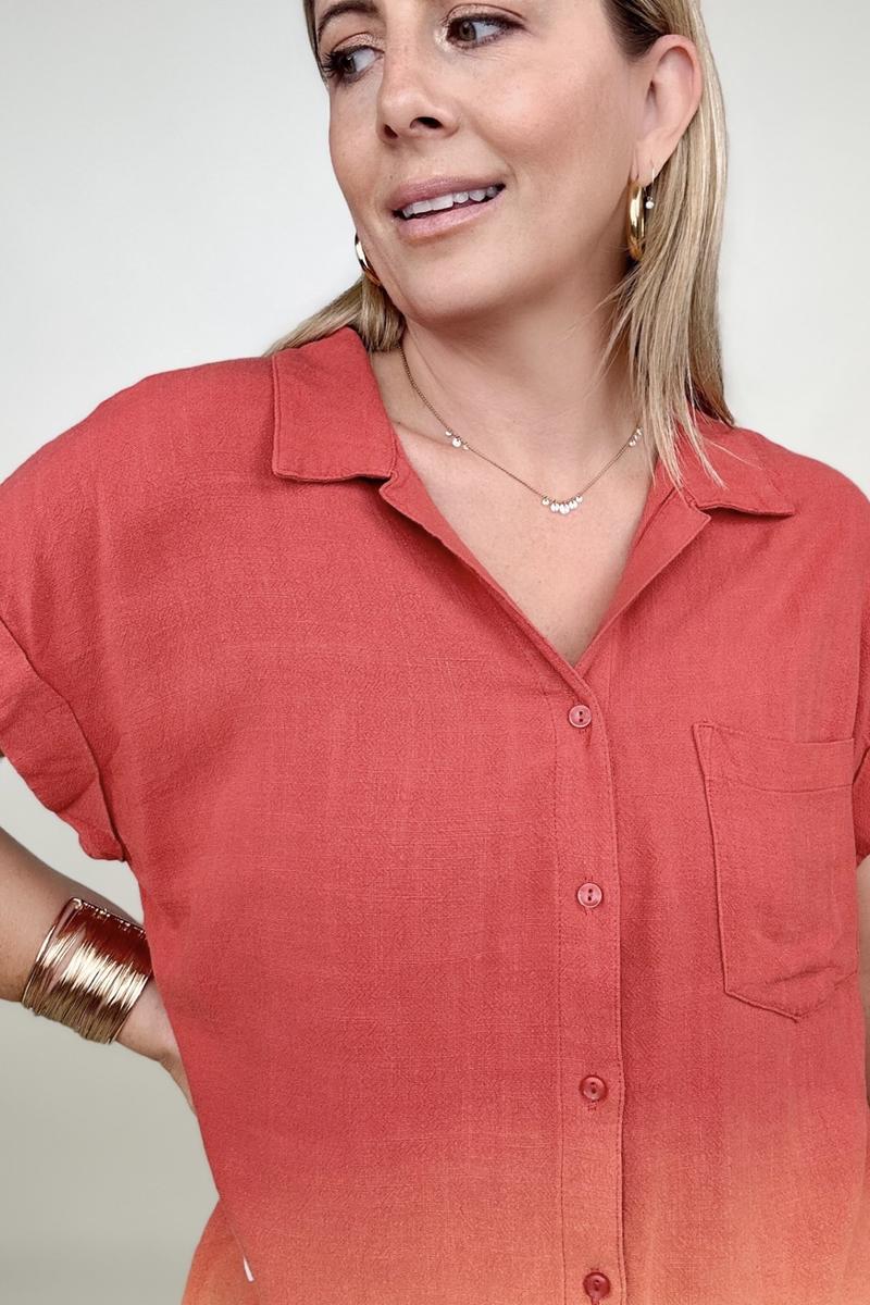 Umgee Linen Blend Bleach Dip Dye Button Down Top