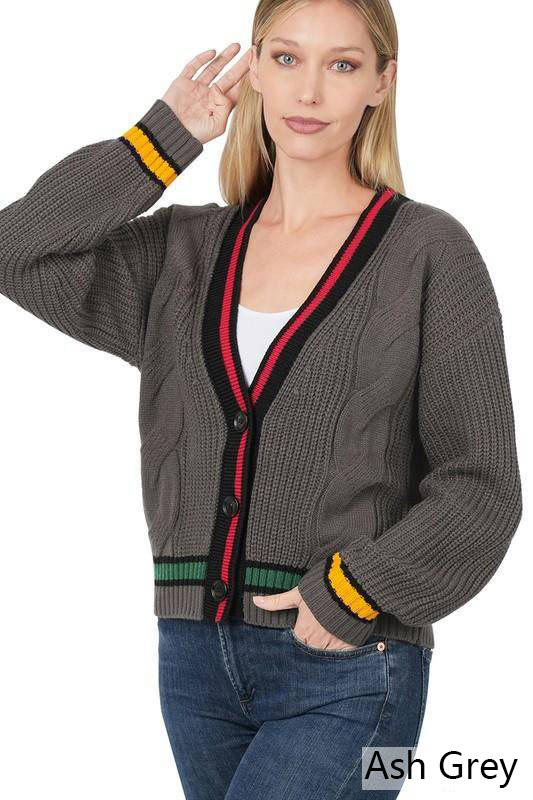 Zenana Contrast Trim Cable Knit Cardigan