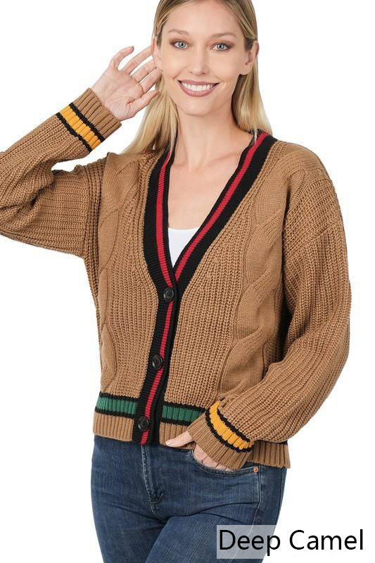 Zenana Contrast Trim Cable Knit Cardigan