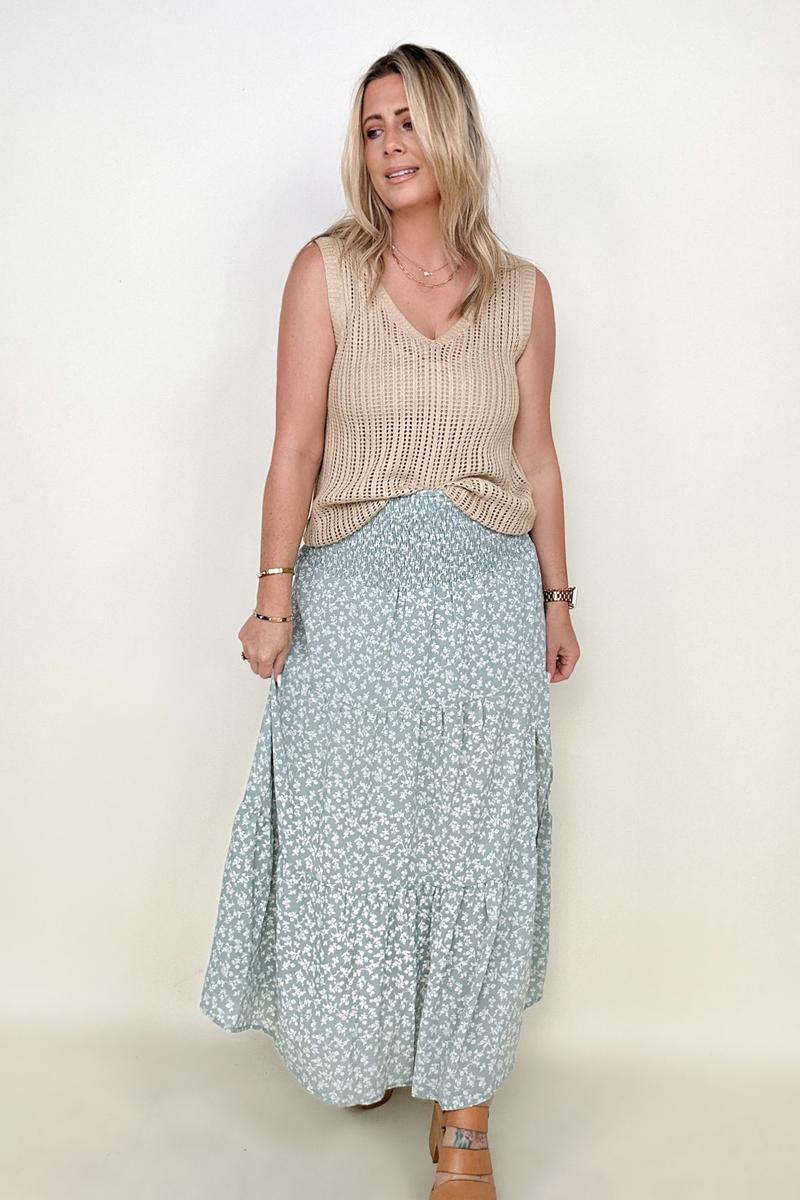 Heyson Smocked Waist Ditsy Floral Midi Skirt with Slit