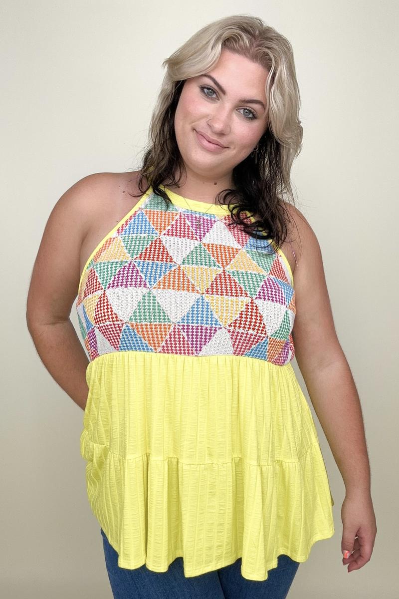 Haptics Multi Geometric Waffle Knit Babydoll Top