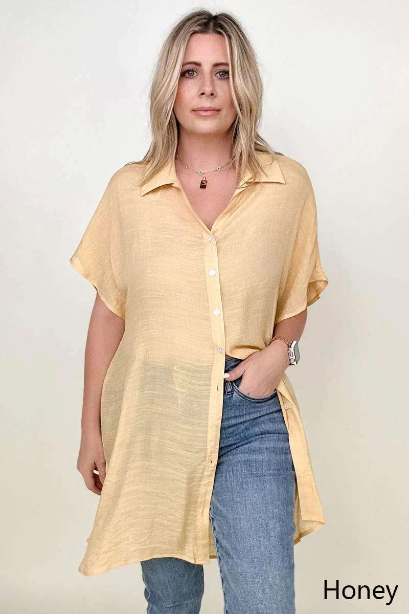 Gigio Solid Button Down Loose Fit Gauzy Tunic