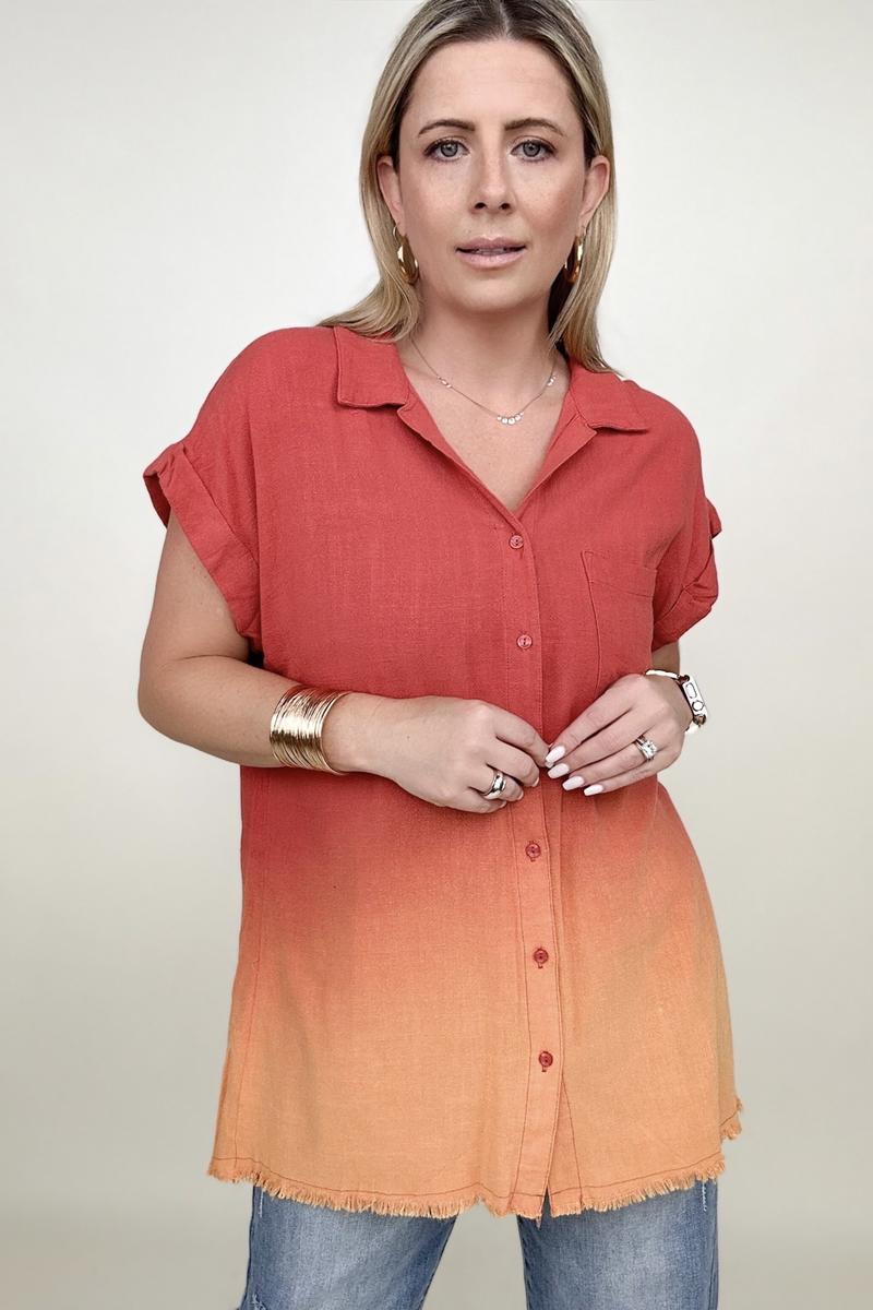 Umgee Linen Blend Bleach Dip Dye Button Down Top