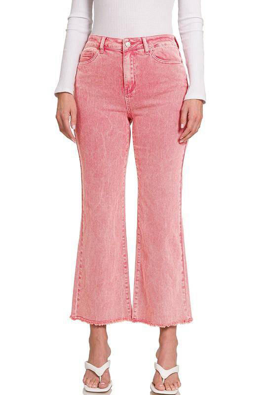 Zenana Acid Washed High Waist Frayed Hem Cropped Kick Flare Jeans